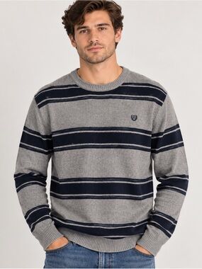 Chaps Men’s M Gray Navy Striped 100% Cotton Crewneck Sweater